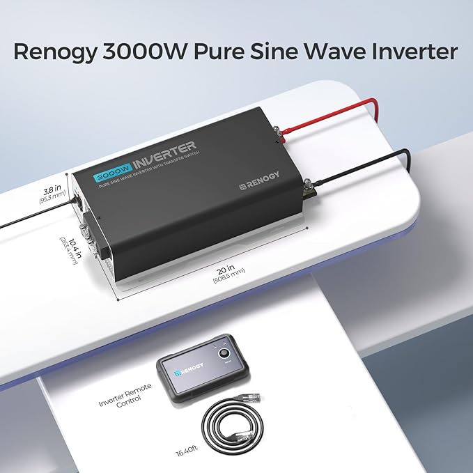 Renogy Inverter PUH 3000W, 12V to 110V Pure Sine Wave Power Inverter, Built-in