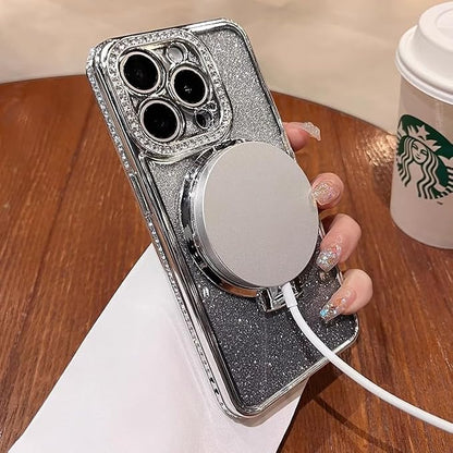 Magnetic Kickstand Case for iPhone 15 14 13 12 Pro Max Sparkling Diamond Cover