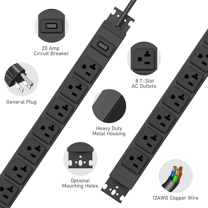 JUNNUJ Heavy Duty Power Strip Wall Mount, 20 Amp Surge Protector 1200J Metal 8