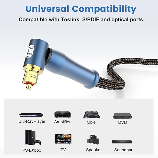 EMK 90 Degree Toslink Optical Cable 24K-Gold Connector 360 Degree Free-Rotating