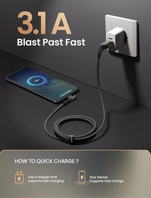 AINOPE 2-Pack Type C Charging Cable 3.1A Fast Charge, Right Angle USB C Cable