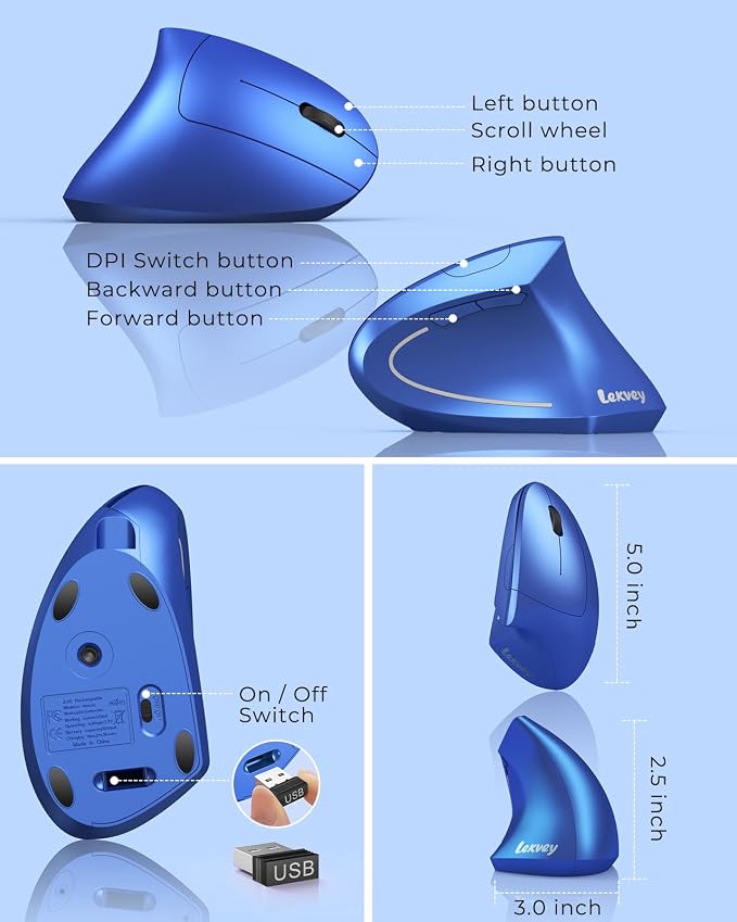Lekvey Ergonomic Mouse, Vertical Wireless Mouse Rechargeable 2.4G USB Optical