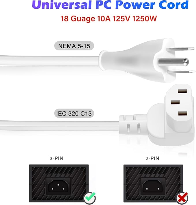 Adoreen 15 Ft Computer TV Replacement Power Cord White, 90 Degree Angled