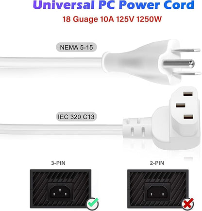 Adoreen 20 Ft Computer TV Replacement Power Cord White, 90 Degree Angled