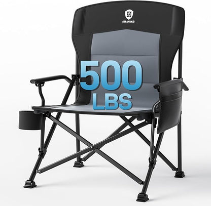 EVER ADVANCED Oversized Folding Camping Chair for Adults, Heavy Duty Lawn Chair with Side Pockets, Portable Collapsible Quad Chair for Outside, Support Up to 500lbs, Black