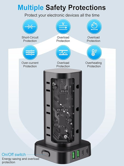 Power Strip Tower with Wireless Charger, Flat Plug Surge Protector Tower with