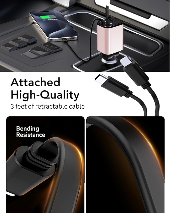 Retractable Car Charger, 4 in 1 Fast Car Phone Charger 69W, 2 Retractable