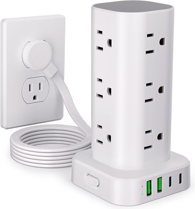 Power Strip Tower with Multiple Outlets, Flat Plug Surge Protector Tower