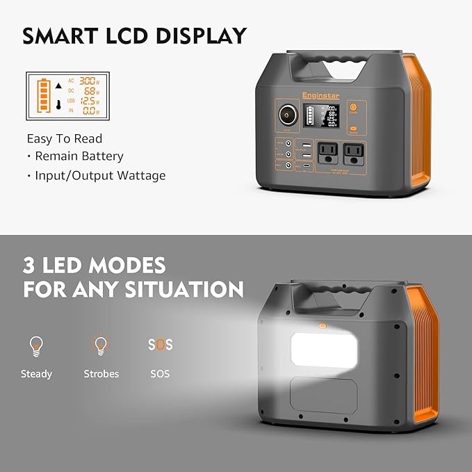 Enginstar Solar Generator, 296Wh Portable Power Station, 110V Pure Sine Wave