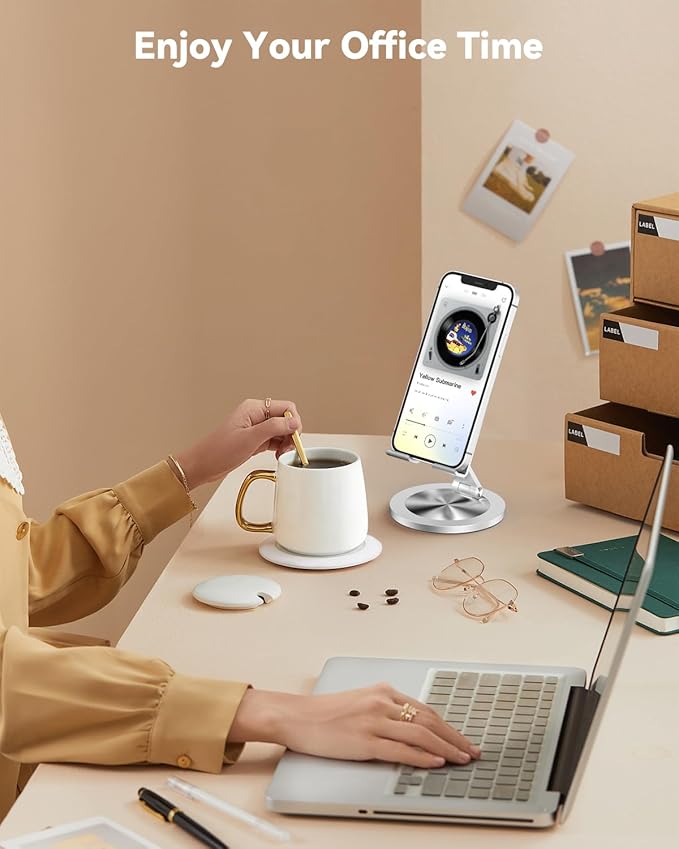 360 Rotating Phone Stand for Desk, Dual-Adjustable Foldable Aluminum Desktop