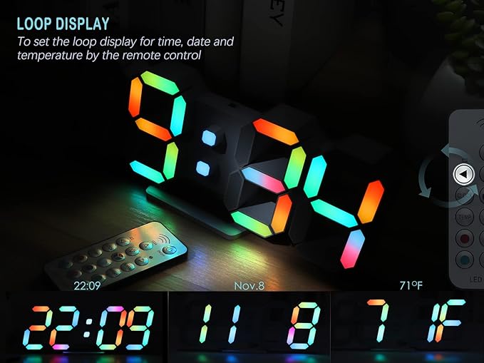 KOSUMOSU Wall Clock Neon Digital Clock 3D LED Desk Clock Large Display 9.7" RGB