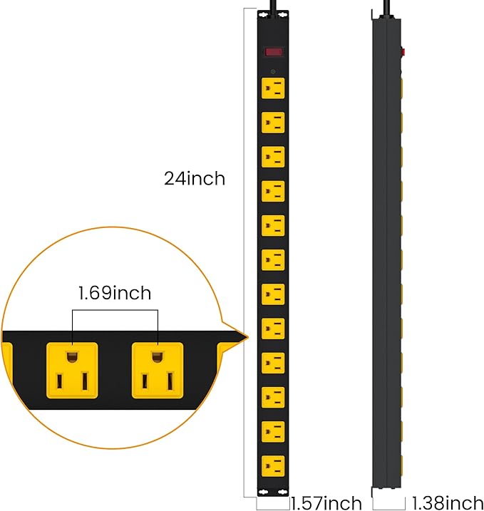 Metal 12 Outlet Mountable Power Strip, Surge Protector Heavy Duty Cord Wide