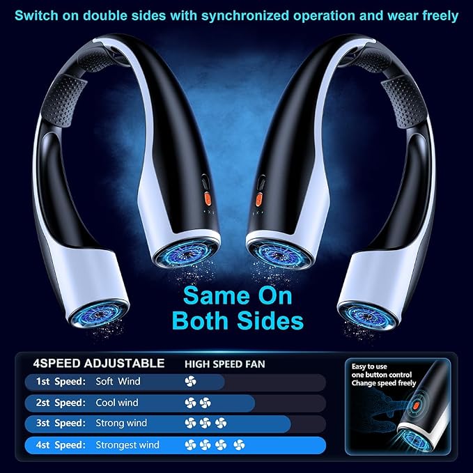AI Neck Fan, 4 Speeds Adjustable Portable Personal Fan Rechargeable, 4000 mAh
