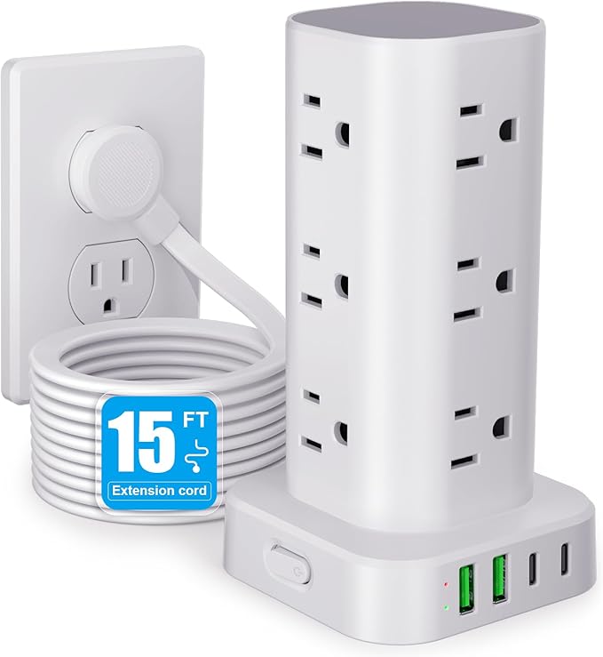 Power Strip Tower with Multiple Outlets, Flat Plug Surge Protector Tower