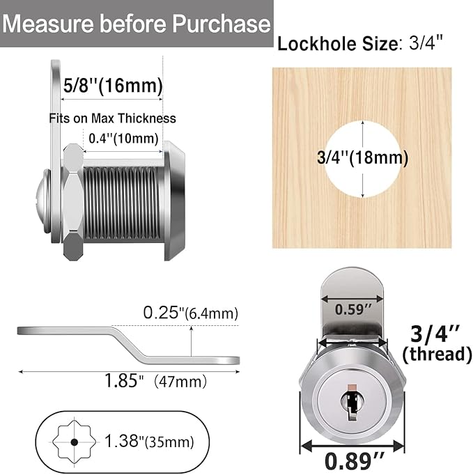Cabinet Cam Locks Keyed Alike, 5/8'' Fits on 3/8'' Max Door Thickness, Secure