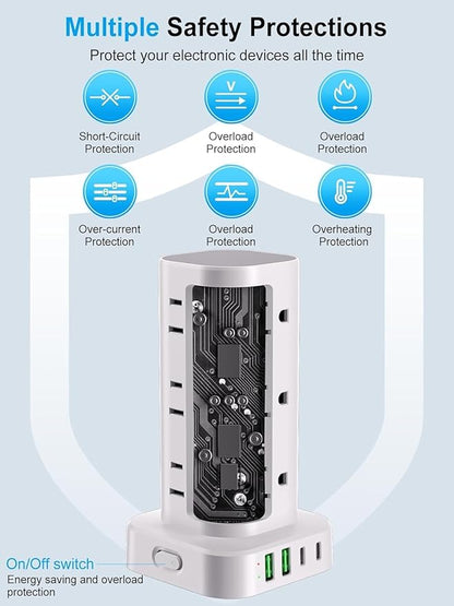 Power Strip Tower with Multiple Outlets, Flat Plug Surge Protector Tower