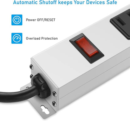 JUNNUJ Metal 16 Outlet Power Strip, Mountable Heavy Duty Power Strip, 1200J