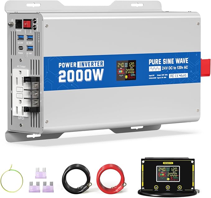2000W Pure Sine Wave Power Inverter 24V DC to 120V AC Converter 4000 Watt Peak