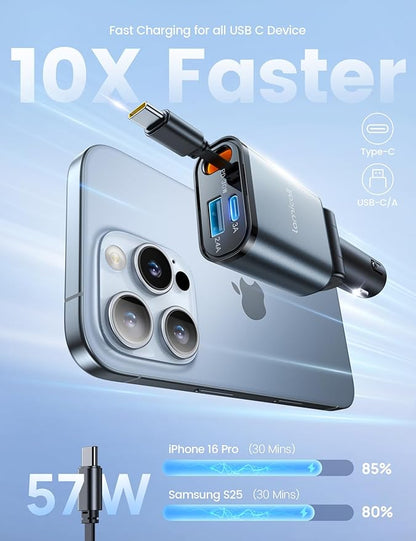 Lamicall Retractable Car Charger USB C Fast Charging 57W Type C Car Phone