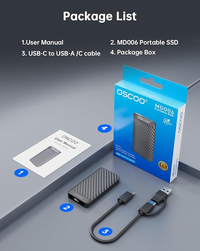 2TB Portable SSD, USB 3.2 Gen 2x2 External Solid State Drive, Dual USB-C&A
