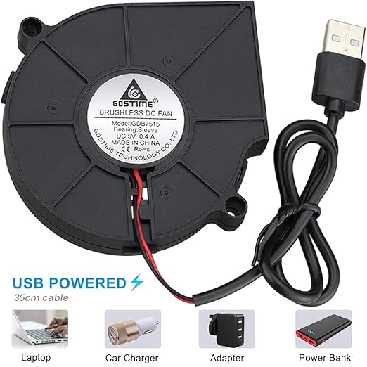 GDSTIME 75mm USB Fan, 75mm x 15mm Blower Fan, 5V DC Brushless Cooling Fan