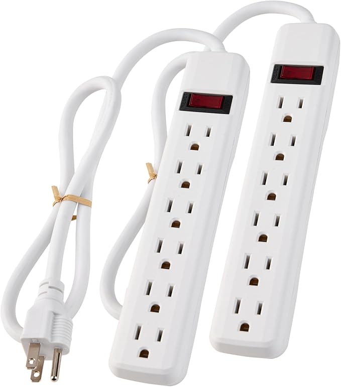 6-Outlet Surge Protector 2pk – 250 Joules, 2ft Cord, 1875W Max – Right Angle