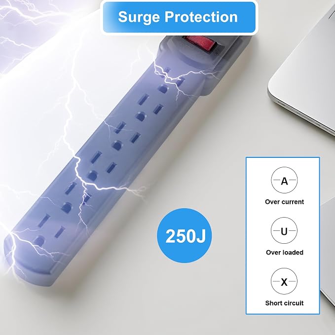 6-Outlet Surge Protector – 250 Joules, 6ft Cord, 1875W Max – Right Angle Plug