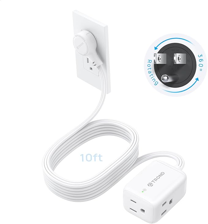 TROND 360° Rotating Flat Plug Extension Cord Surge Protector 10ft, Small Power