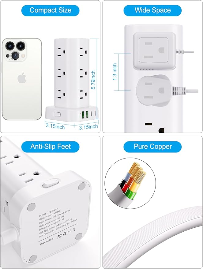 Power Strip Tower with Multiple Outlets, Flat Plug Surge Protector Tower