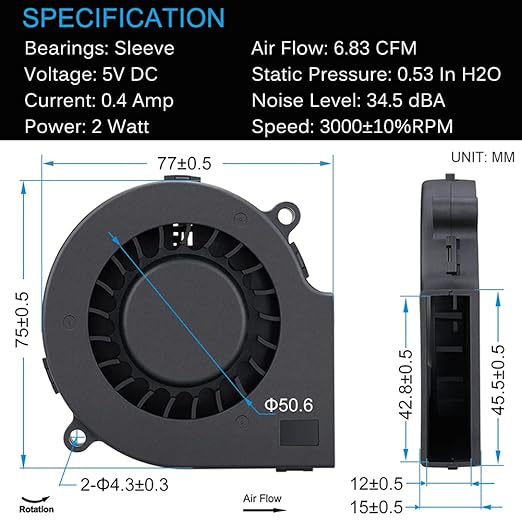 GDSTIME 75mm USB Fan, 75mm x 15mm Blower Fan, 5V DC Brushless Cooling Fan
