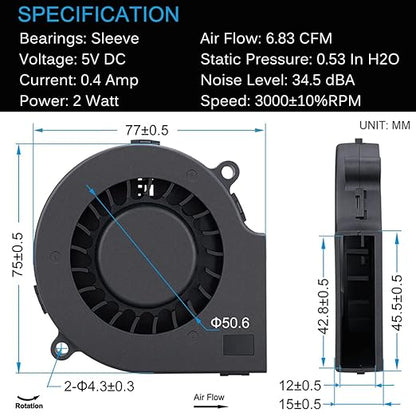 GDSTIME 75mm USB Fan, 75mm x 15mm Blower Fan, 5V DC Brushless Cooling Fan