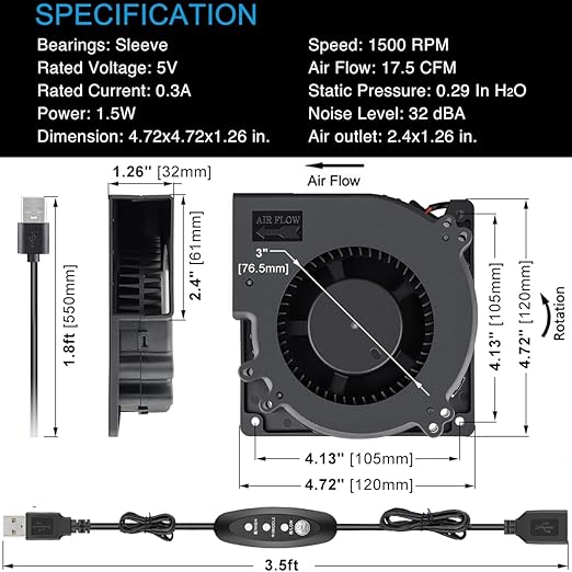 GDSTIME 120mm x 32mm USB Blower Fan