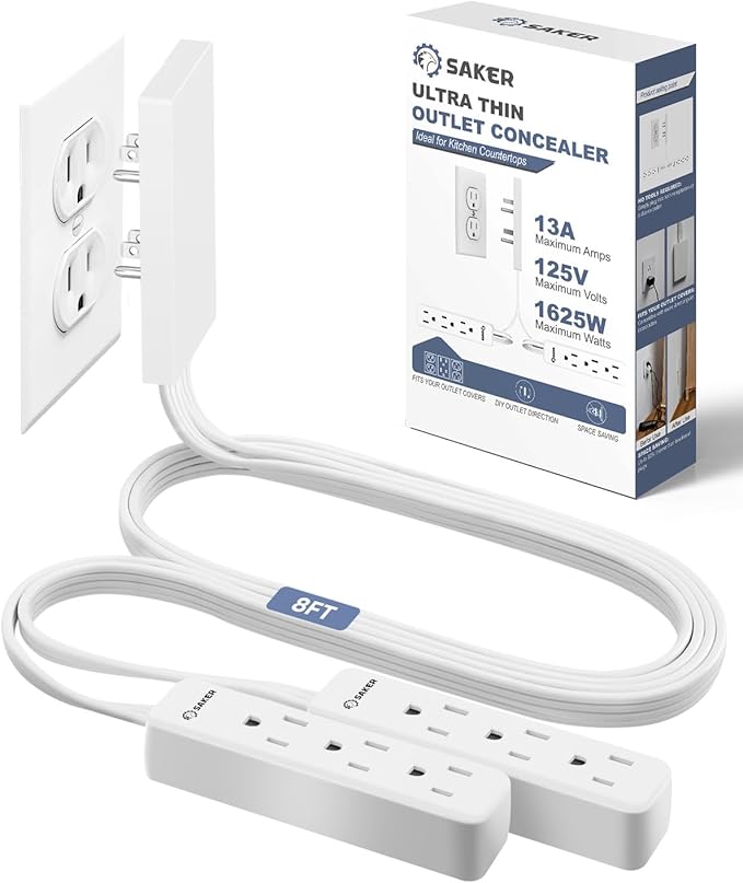 Saker Outlet Cover Extension Cord | 8ft Flat Extension Cord