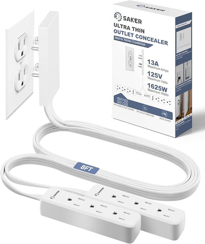 Saker Outlet Cover Extension Cord | 8ft Flat Extension Cord