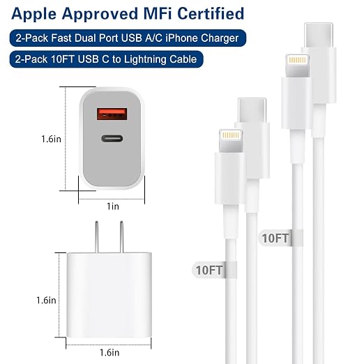 Fast Charger iPhone, Dual Port A/C Charging Adapter, Apple Charger Block 10FT