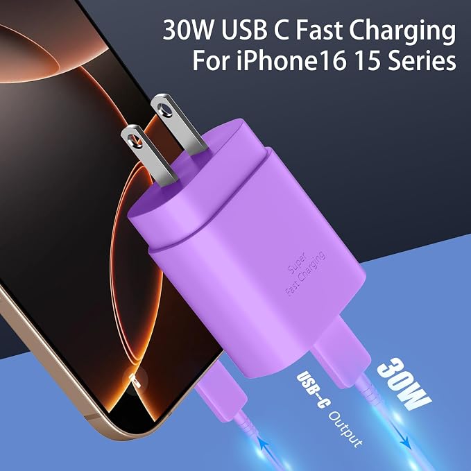 Phone 16 15 Charger, 30W USB C Fast Charger Block & 10FT Long C to C Fast