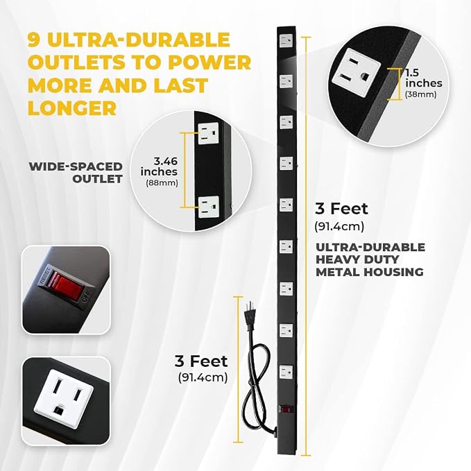 9 Outlets 3 Feet Power Cord 3 Feet Body Opentron OT3093 Heavy Duty Metal Surge