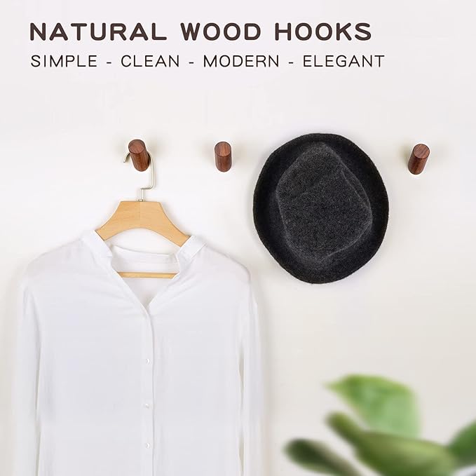 6 Pack Wood Hooks, Natural Coat Hooks Wall Mounted