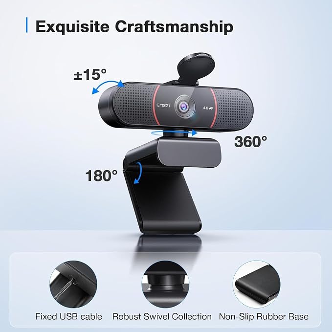 EMEET C960 4K Webcam with Tripod, 4K UHD Sony Sensor, 3 Adjustable Height Mini