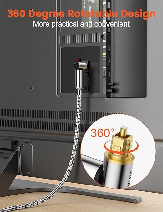 VANAUX 90-Degree Optical Audio Cable 10FT, Premium Fiber Optic Toslink