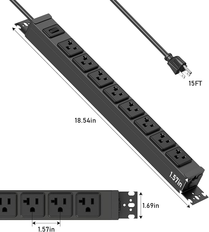 JUNNUJ Heavy Duty Power Strip Wall Mount, 20 Amp Surge Protector 1200J Metal 8