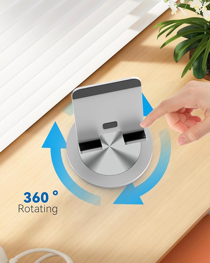 360 Rotating Phone Stand for Desk, Dual-Adjustable Foldable Aluminum Desktop