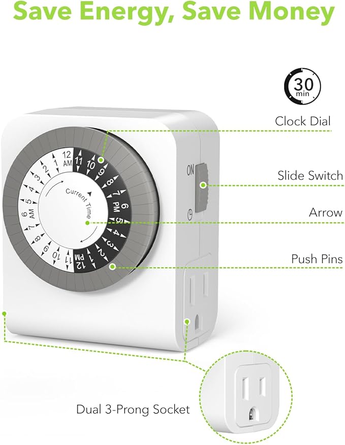 BN-LINK Timer Outlet with 2 Grounded Outlets, Mechanical Light Timers
