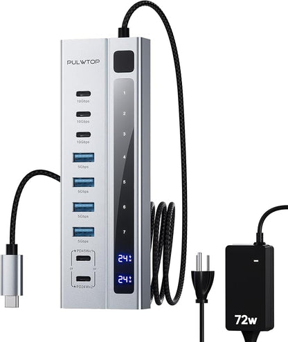 Powered USB C Hub, PULWTOP 9-in-1 USB-Hub suppprt 10Gbps & PD 45W Max Charging