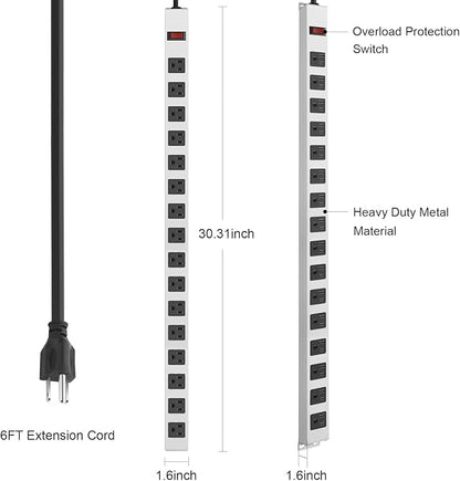 JUNNUJ Metal 16 Outlet Power Strip, Mountable Heavy Duty Power Strip, 1200J