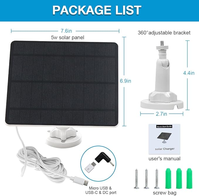 Solar Panel for Security Camera, 5W USB Solar Panel for Cameras DC 5V, Camera
