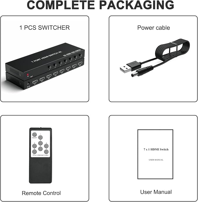 7 Way HDMI Switch 4k@60Hz HDMI Switcher 7 in 1 Out HDCP 2.0 Manual HDMI 2.0 Hub