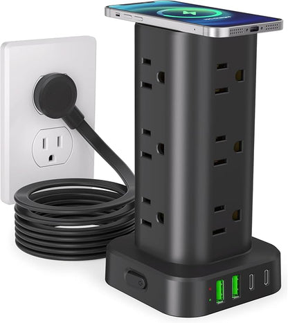 Power Strip Tower with Wireless Charger, Flat Plug Surge Protector Tower with