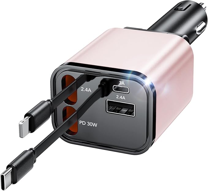 Retractable Car Charger, 4 in 1 Fast Car Phone Charger 69W, 2 Retractable