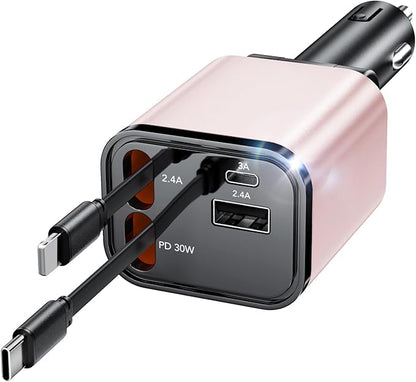 Retractable Car Charger, 4 in 1 Fast Car Phone Charger 69W, 2 Retractable